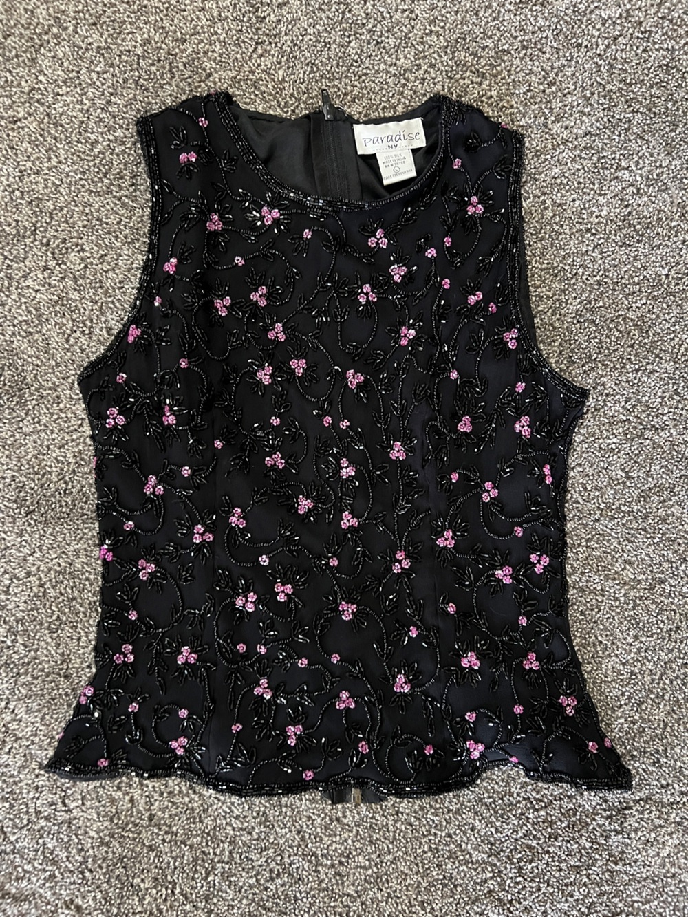 Paradise Black Beaded Floral Sleeveless Top with Pink Accents